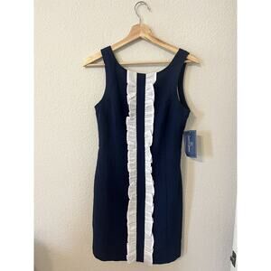 Lauren James Bailey Dress Seersucker Ruffle Navy Blue White Sleeveless XS NWT
